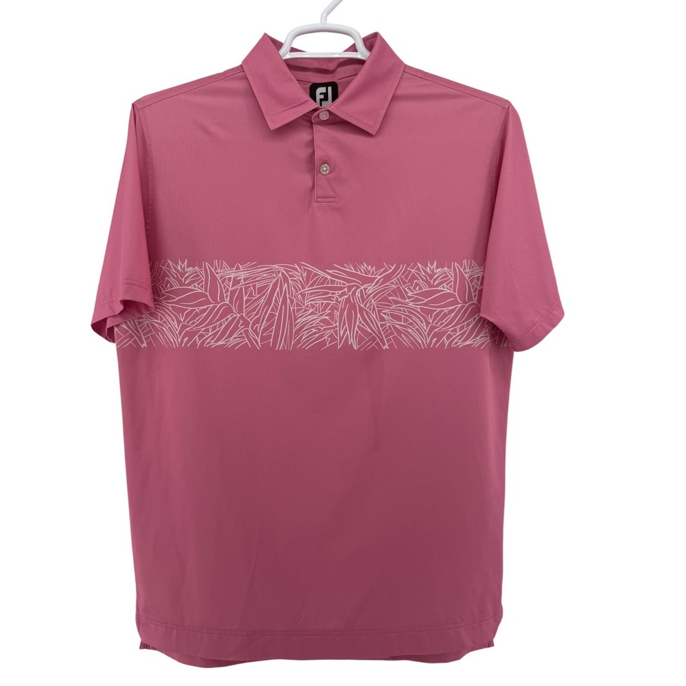 FootJoy Mens ProDry Golf Polo Shirt Pink Floral Stripe Performance Size Medium - Picture 2 of 6